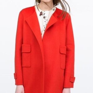 Zara Woman Red Open Front Collarless Overcoat Coat Size Medium